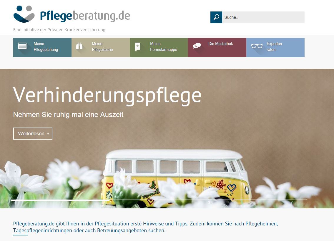 Screenshot der Startseite pflegeberatung.de - Münchener Verein Deutsche PflegeKarte