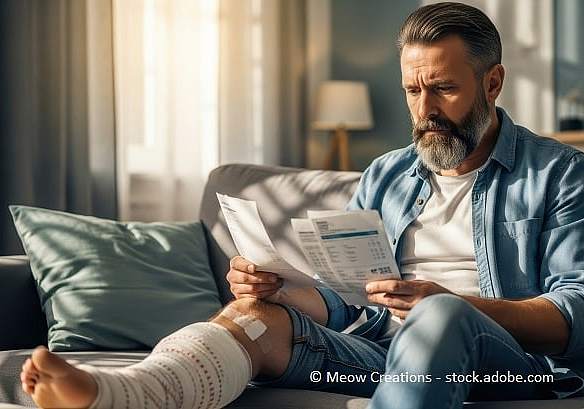 Bild eines Mannes mit gebrochenem Fu&szlig;, der auf der Couch sitzt und sich Rechnungen ansieht.