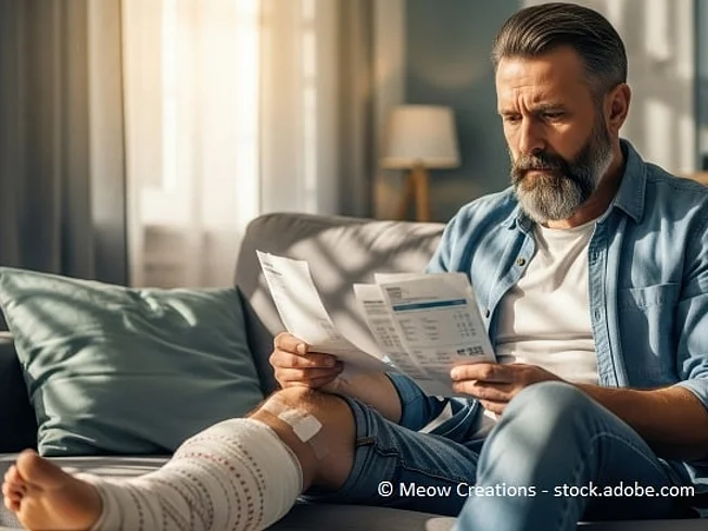 Bild eines Mannes mit gebrochenem Fu&szlig;, der auf der Couch sitzt und sich Rechnungen ansieht.