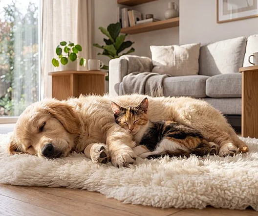 Bild eines Hunde- und Katzenbabys, die auf dem Teppich liegen und schlafen.
