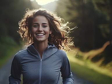 Junge Frau mit Pullover und braunen Haaren beim Joggen lacht in die Kamera.