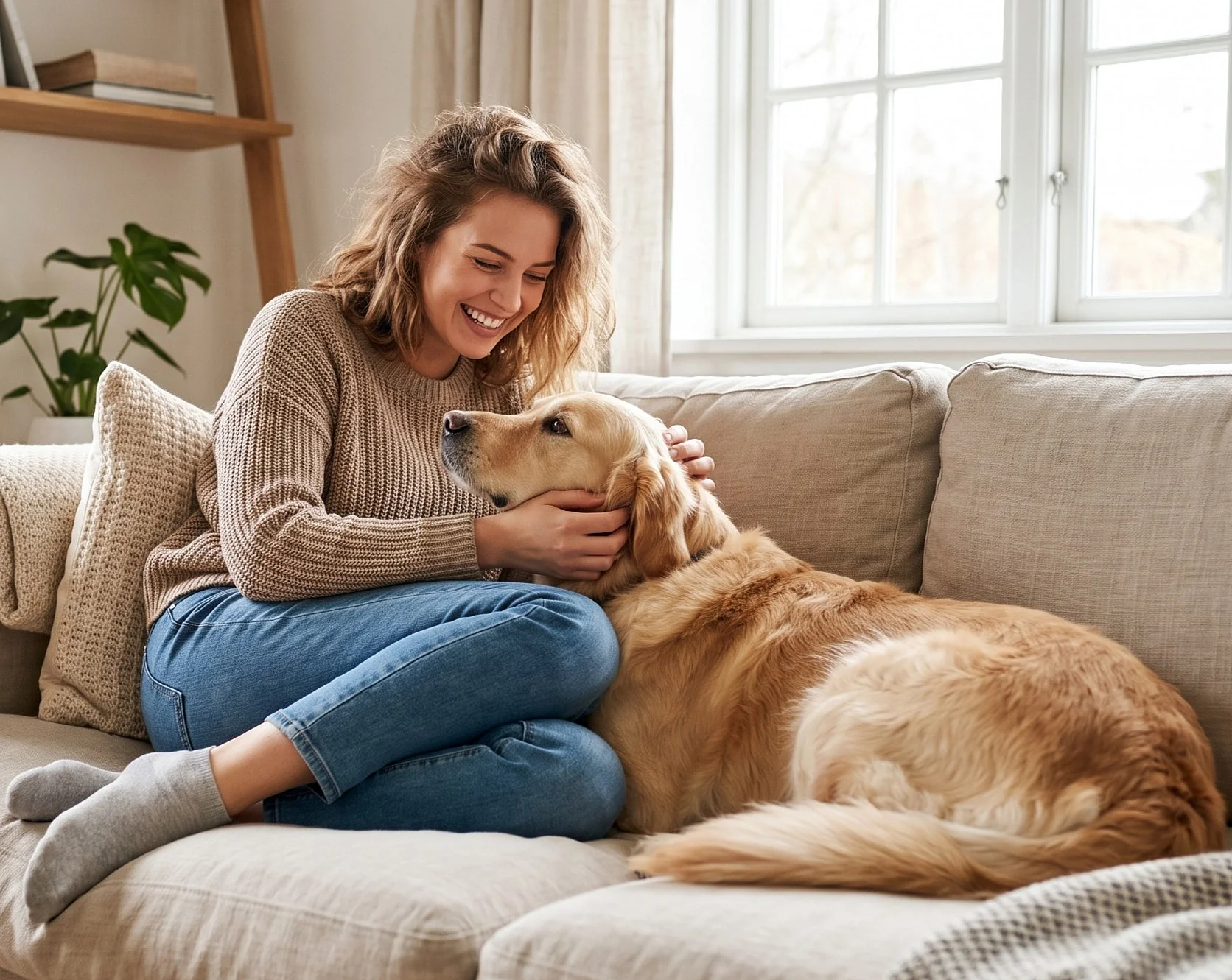 Bild einer jungen Frau, die mit ihrem Hund auf der Couch sitzt.