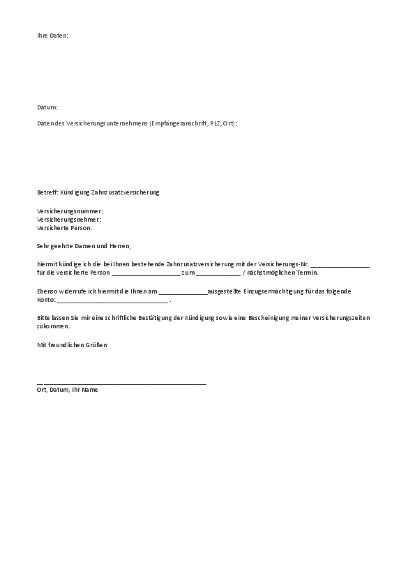 PDF einer K&uuml;ndigungsvorlage einer Zahnzusatzversicherung