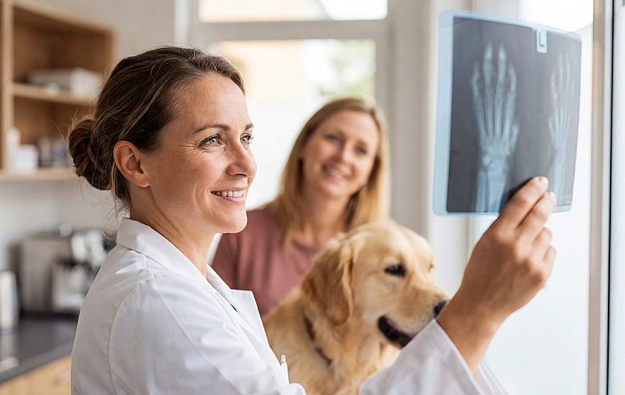 Bild einer Tier&auml;rztin neben einem Hund, die ein R&ouml;ntgenbild ansieht.