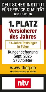 Rating Deutsches Institut für Servicequalität (ntv) zum Versicherer des Jahres, Testsieger 13 Jahre in Folge - Münchener Verein