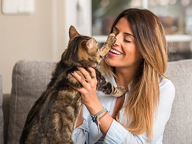 Bild einer Frau, die ihre Katze auf dem Arm h&auml;lt und sie ansieht.