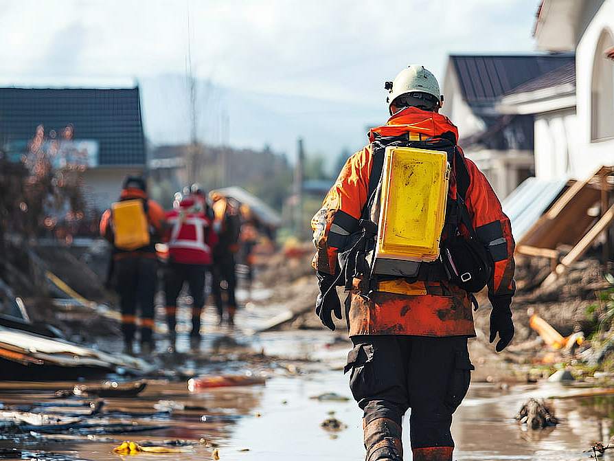 Bild eines Feuerwehrmannes, der durch eine Stra&szlig;e voller Bautr&uuml;mmer l&auml;uft.