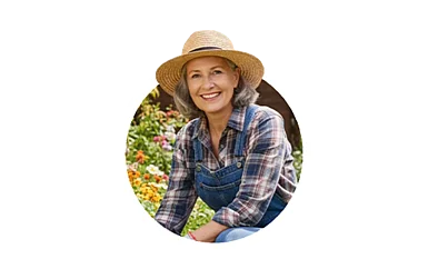Frau mit grauen Haaren bei der Gartenarbeit.