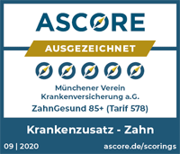 2020 - Testsiegel "Ausgezeichnet“ von ASCORE für den Zahntarif ZahnGesund 85+