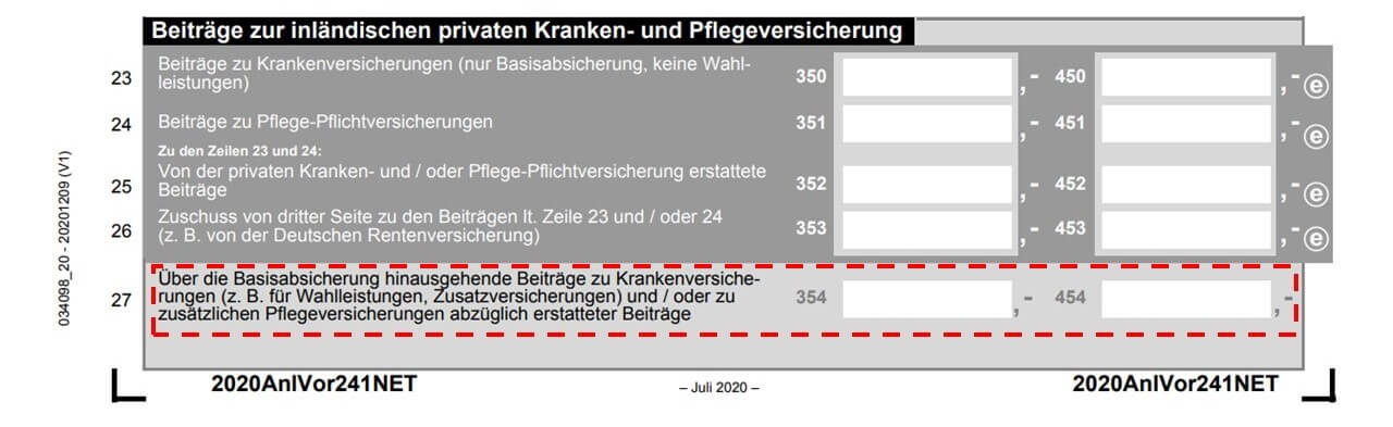 Zahnzusatzversicherung bei der Steuererklärung absetzen - Screenshot Anlage Vorsorgeaufwand