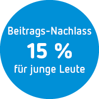 Grafisches Element mit Schriftzug "Beitrags-Nachlass 15% für junge Leute"