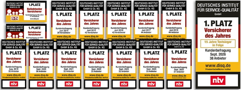 Rating Deutsches Institut f&uuml;r Servicequalit&auml;t (ntv) zum Versicherer des Jahres, Collage Testsieger 14 Jahre in Folge - M&uuml;nchener Verein