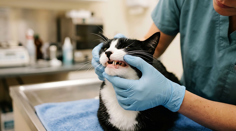 Bild einer Katze, deren Z&auml;hne untersucht werden.