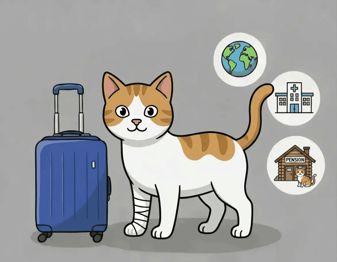 Grafik einer Katze, die einen Verband tr&auml;gt, und einem Koffer zur Veranschaulichung der abgedeckten Leistungen.