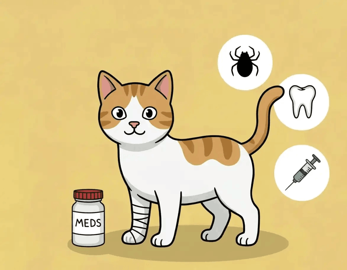 Grafik einer Katze, die einen Verband tr&auml;gt, und einer Medikamentendose zur Veranschaulichung der abgedeckten Leistungen.
