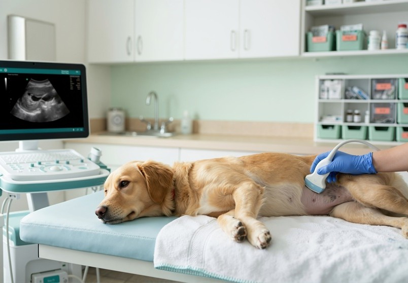 Bild eines Hundes beim Tierarzt, an dem ein Ultraschall durchgef&uuml;hrt wird.